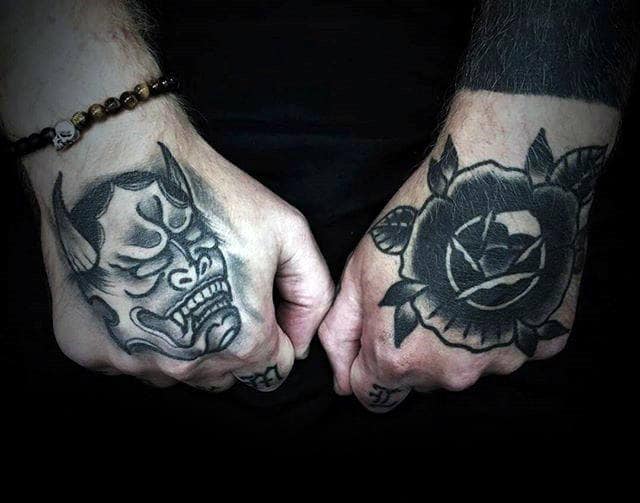 Hand Tattoo Of Black Rose For Guys