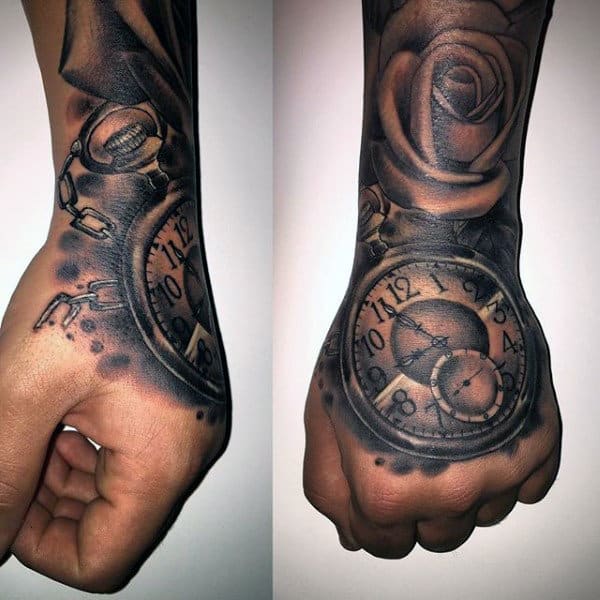 Hand Tattoo Of Pocket Watch And Roses On Man