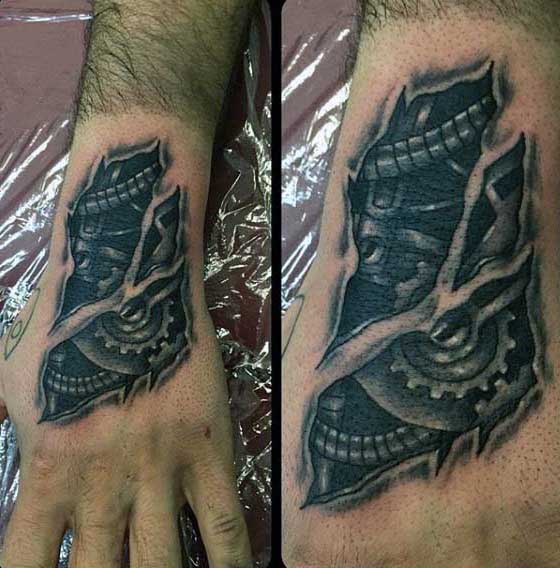 Hand Tattoo Of Ripped Skin With Gears For Men