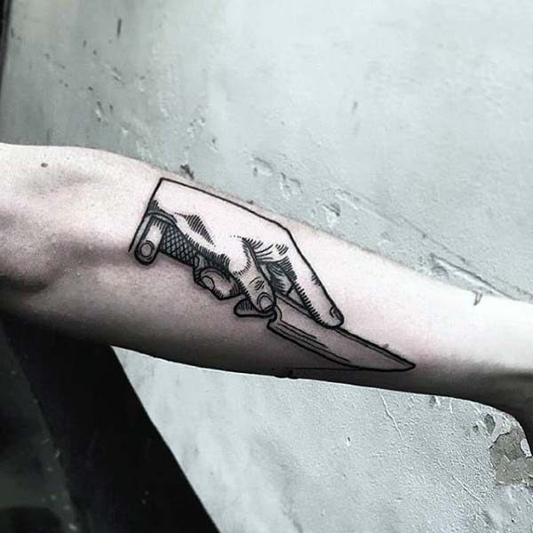 Hand With Dagger Woodcut Tattoos For Men On Forearm