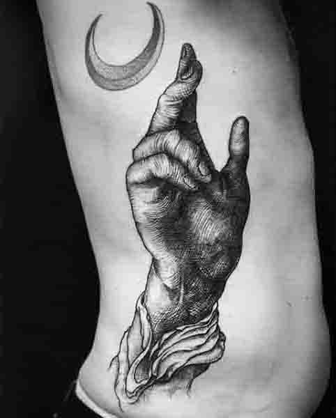 Hand With Half Moon Design Tattoo On Rib Cage Side For Guys