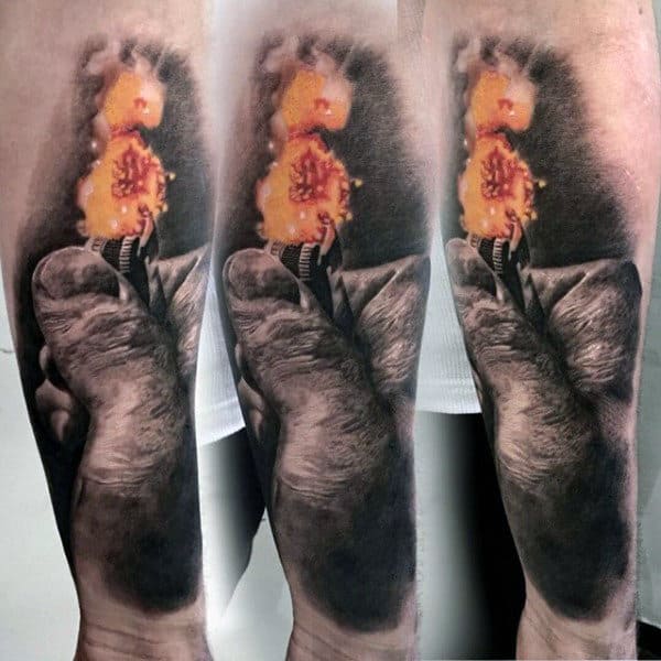 Hand With Lighter Mens Flame Inner Forearm Tattoo