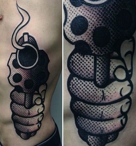 Hand With Revolver Pop Art Mens Rib Cage Side Tattoos