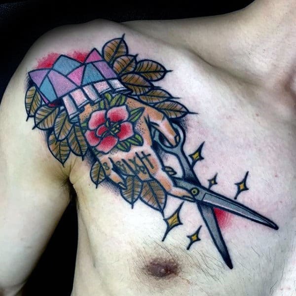 Hand With Scissors Mens Upper Chest Old School Tattoo