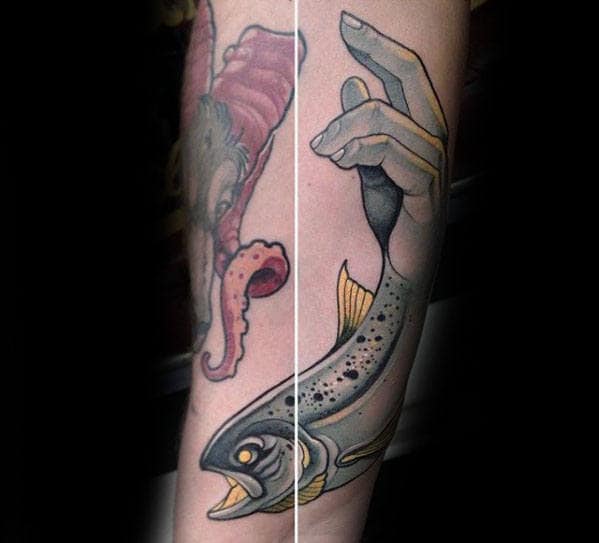 Hand With Trout Abstract Trout Mens Fish Forearm Tattoo