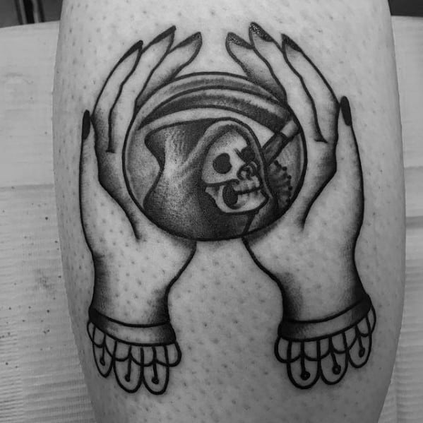 Hands With Crystal Ball Grim Reaper Tattoo Designs For Guys On Leg
