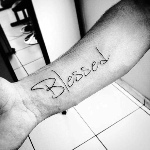 Handwritten Blessed Lettering Mens Inner Forearm Tattoo