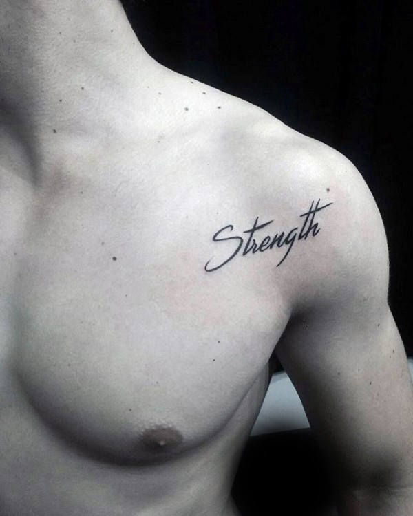 Handwritten Strength Lettering Mens Shoulder Tattoos