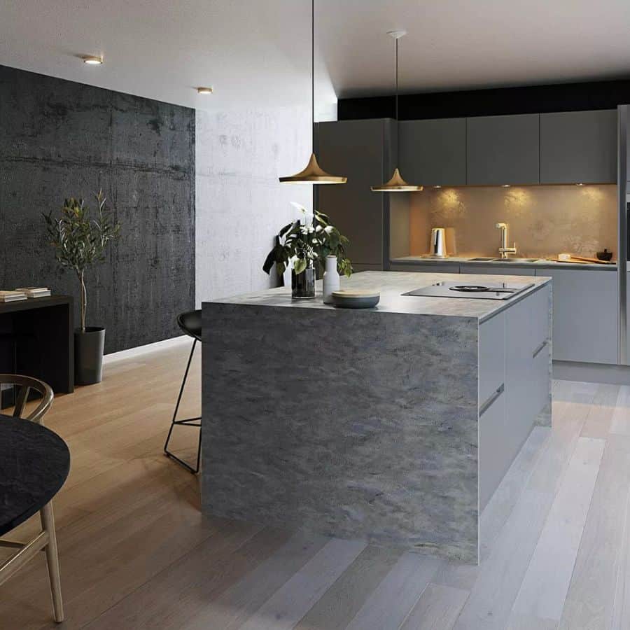 modern kitchen with two gold pendant lights flush mount lighting and led cabinet lights