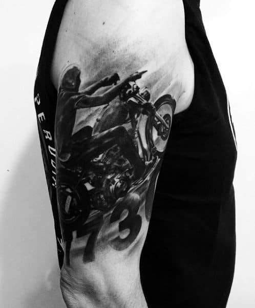 Harley Motorcycle Tattoos On Man's Arm
