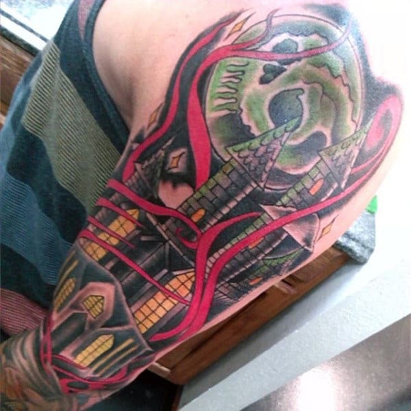 Haunted Spirits Castle Tattoo For Men Sleeve With Green Skull