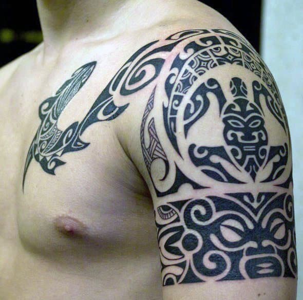 Hawaiian Guys Black Ink Quarter Sleeve Tribal Turtle Tattoo Ideas