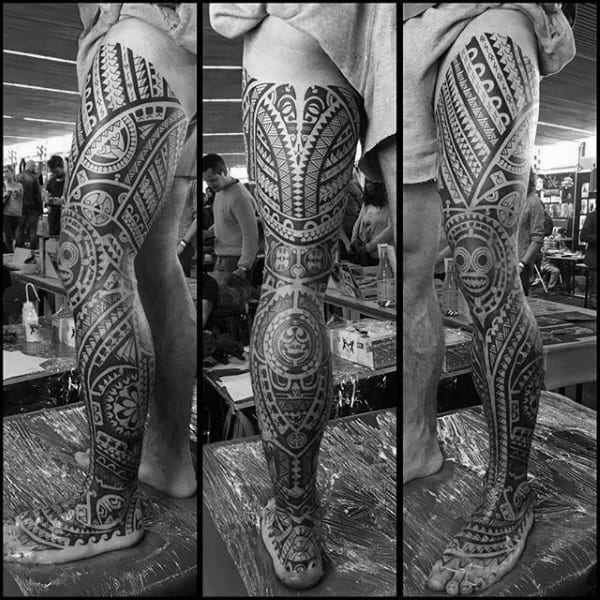 Hawaiian Guys Tribal Full Leg Sleeve Thigh Tattoo Designs