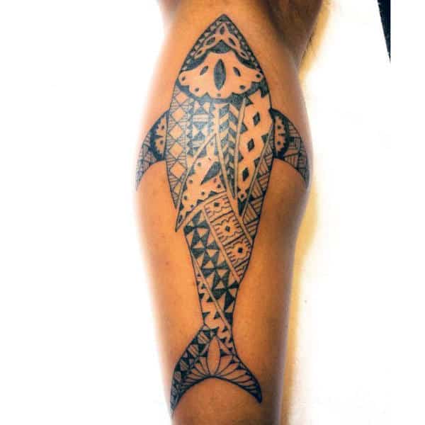 Hawaiian Leg Calf Tribal Shark Mens Tattoos.