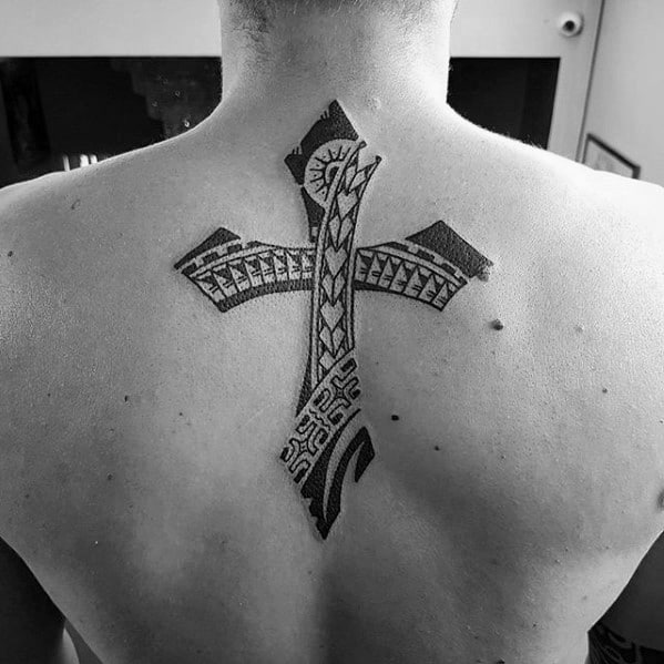 hawaiian-mens-cross-small-religious-upper-back-tattoo-designs
