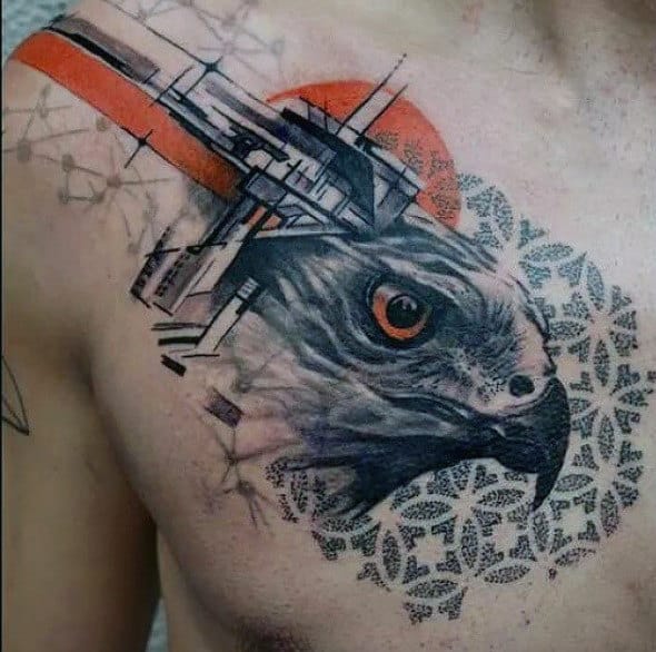 Hawk And Abstract Pattern Tattoo For Men On Chest