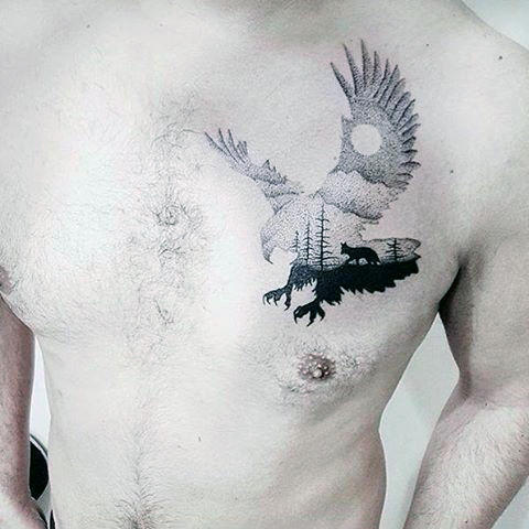 Hawk Outline Around Midnight Fox Chest Tattoo For Guys