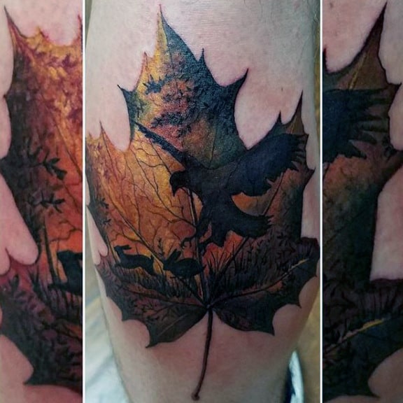 Hawk Picking Up Rabbit Maple Leaf Mens Leg Tattoo
