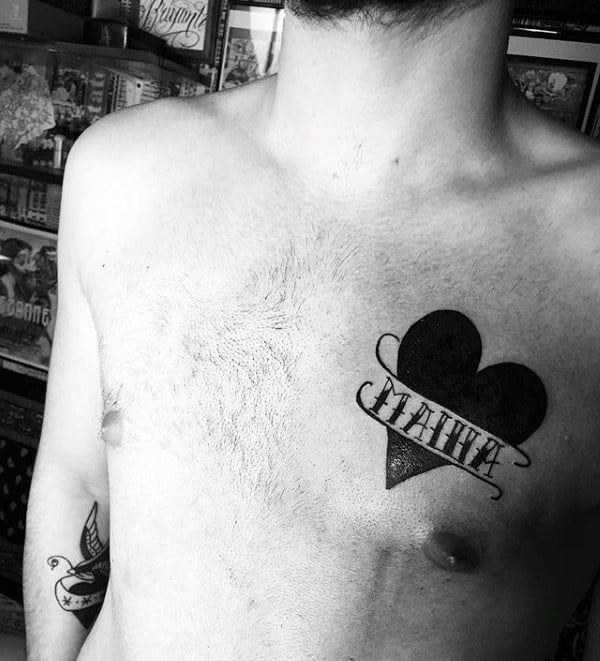 Heart Banner Mens Old School Name Chest Tattoos