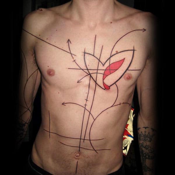 Heart Black Ink Lines Unique Mens Full Chest Tattoos