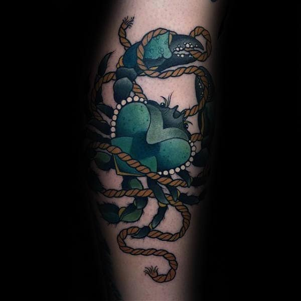 Heart Crab With Rope Mens Teal Tattoo On Leg