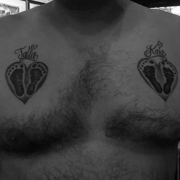 heart footprints with kids name upper chest tattoo ideas for men
