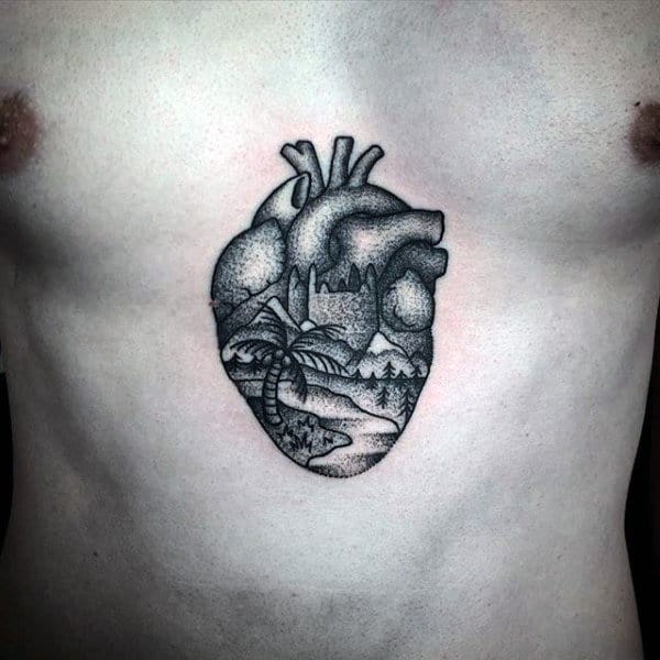Heart Landscape With Palm Tree Mens Middle Of Chest Tattoo