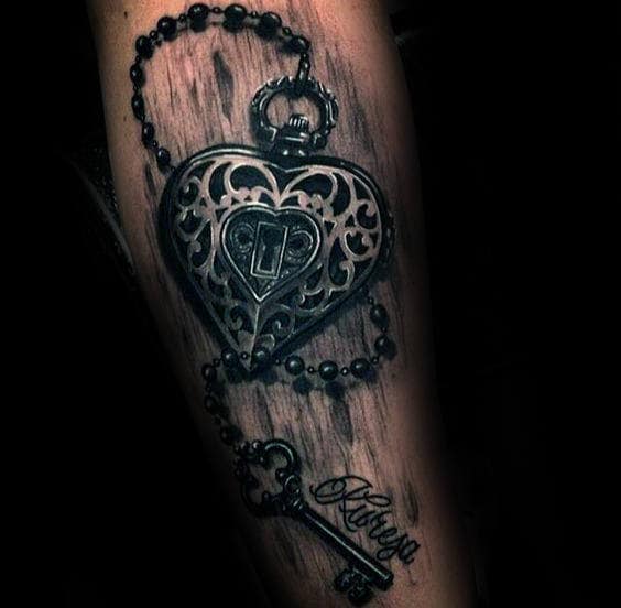 Heart Lock With Key Mens Shaded Black And Grey Ink Tattoo On Forearm