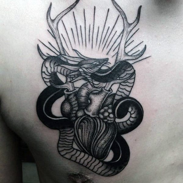 Heart With Antlers And Snake Ouroboros Guys Chest Tattoos
