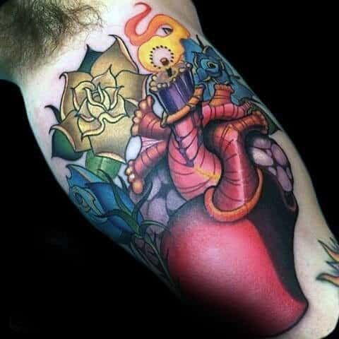 Heart With Candle And Rose Flowers Colorful Guys Bicep Tattoos