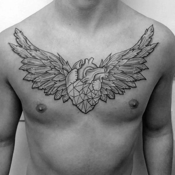 Heart With Crystal Wings Mens Chest Tattoos