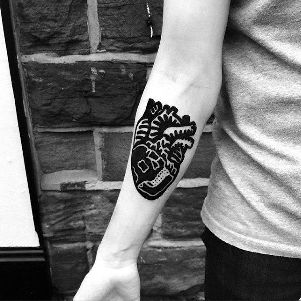Heart With Skull Blackwork Mens Simple Inner Forearm Tattoo