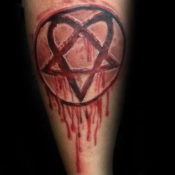 Heartagram With 3d Blood Design Tattoo On Mans Arm
