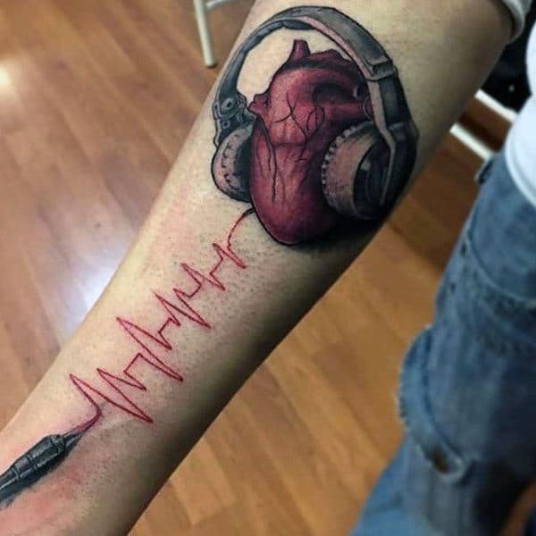 Heartbeat And Heart With Headphones Tattoo Guys Forearms