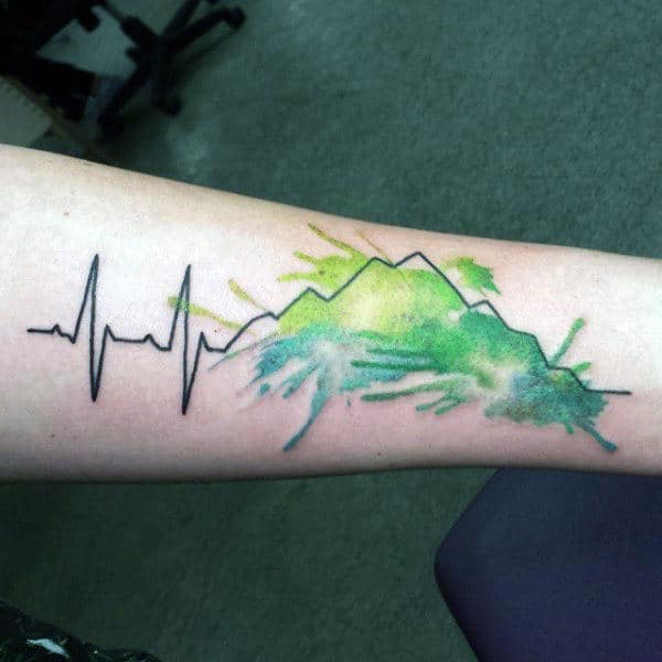 Heartbeat Hill Tattoo With Spashy Green Paint On Mens Forearms