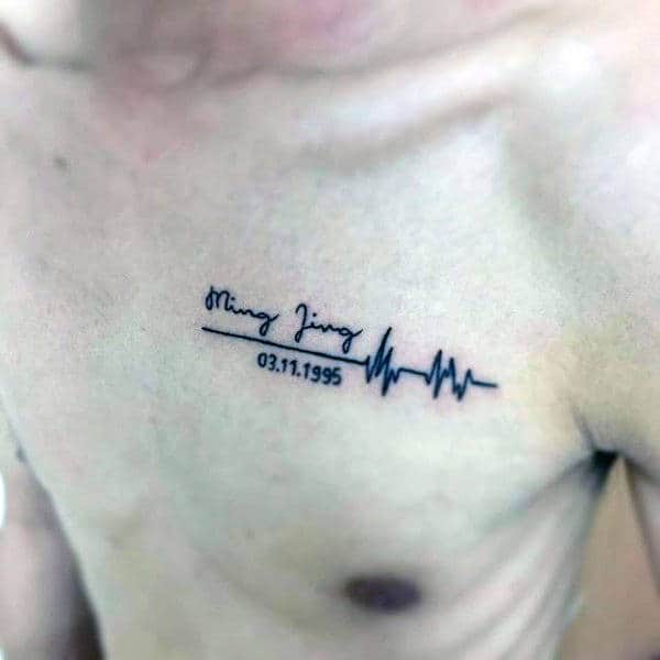 Heartbeat Mens Birthdate Of Child Name Tattoo On Upper Chest