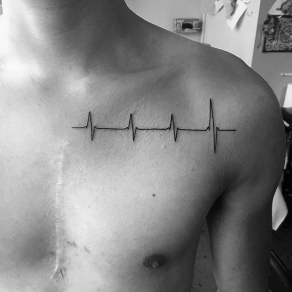 Heartbeat Simple Line Male Upper Chest Tattoo