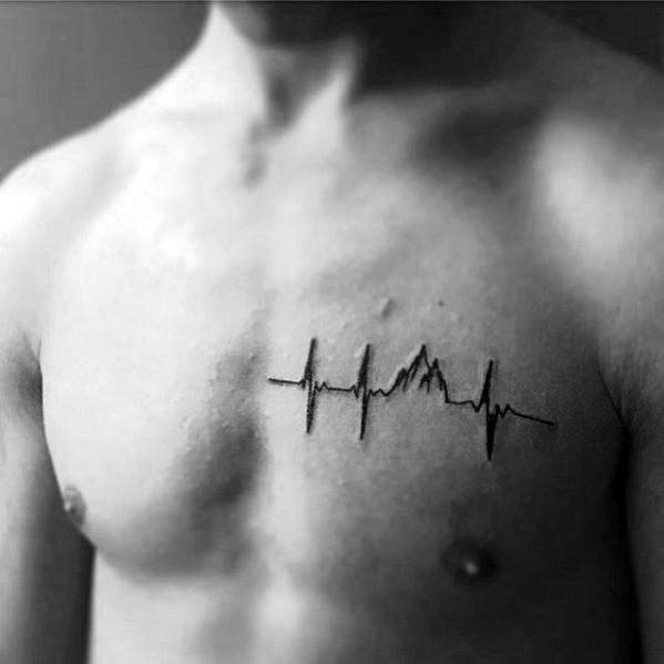 Heartbeat With Mountains Simple Chest Tattoos For Men