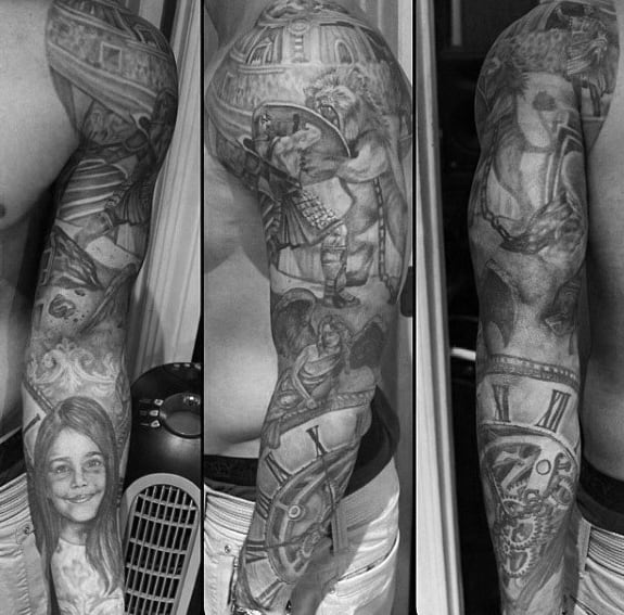 Heavily Shaded Awesome Black And Grey Male Full Sleeve Tattoo
