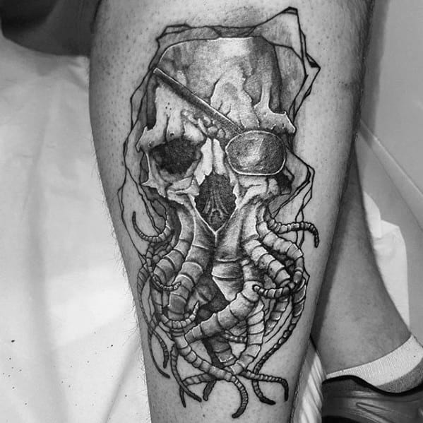 Heavily Shaded Black And Grey Leg Octopus Skull Tattoos For Males