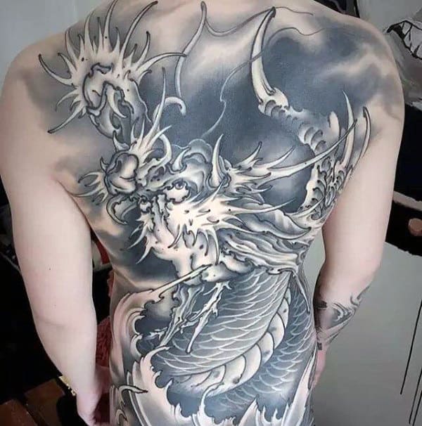 Heavily Shaded Chinese Dragon Full Back Tattoos For Men