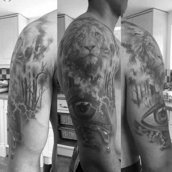 Heavily Shaded Eye With Lion Guys Half Sleeve Tattoos