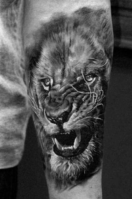 Heavily Shaded Guys Forearm Sleeve Tattoo With Lion Design