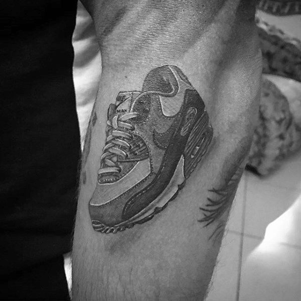 Heavily Shaded Guys Outer Forearm Nike Shoe Tattoo