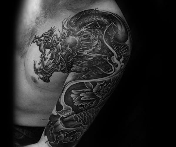 heavily-shaded-half-sleeve-japanese-dragon-with-koi-fish-mens-tattoos