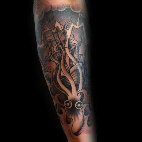 Heavily Shaded Kraken Forearm Male Tattoos