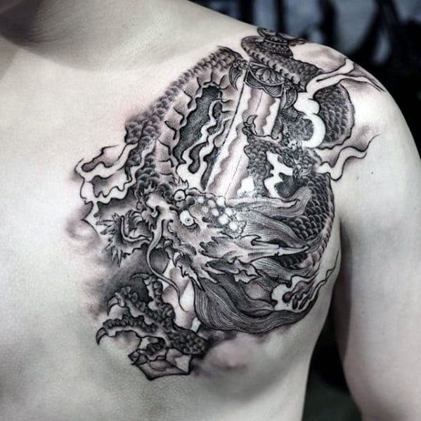 Heavily Shaded Mens Black And Grey Dragon Upper Chest Tattoo
