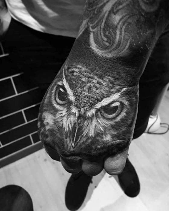 Heavily Shaded Mens Realistic Owl Hand Tattoo