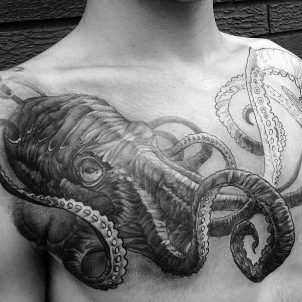 Heavily Shaded Octopus Upper Chest 3d Tattoos For Guys