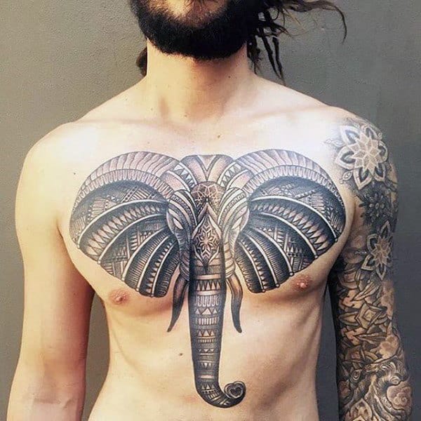 Henna Patterned Grey Elephant Tattoo Males Chest